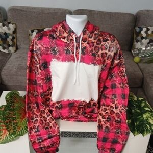 Red and Pink Plaid Leopard Hoodie